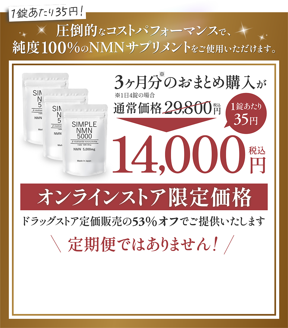 1錠あたり35円、圧倒的なコスパで純度100%のNMNサプリメントをご使用いただけます、3袋まとめ購入で14000円