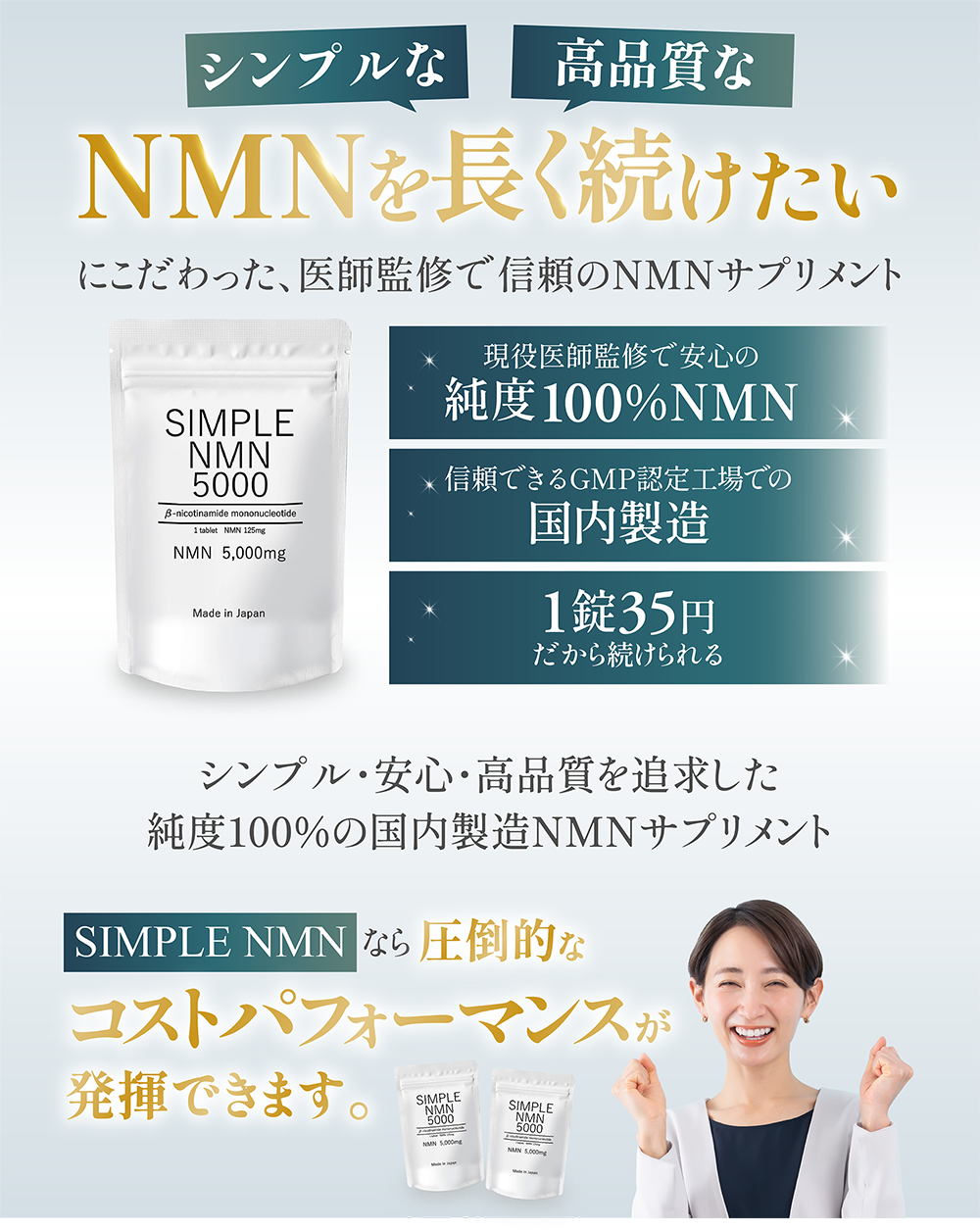 純度100%NMN、GMP認定工場での国内製造、1錠35円