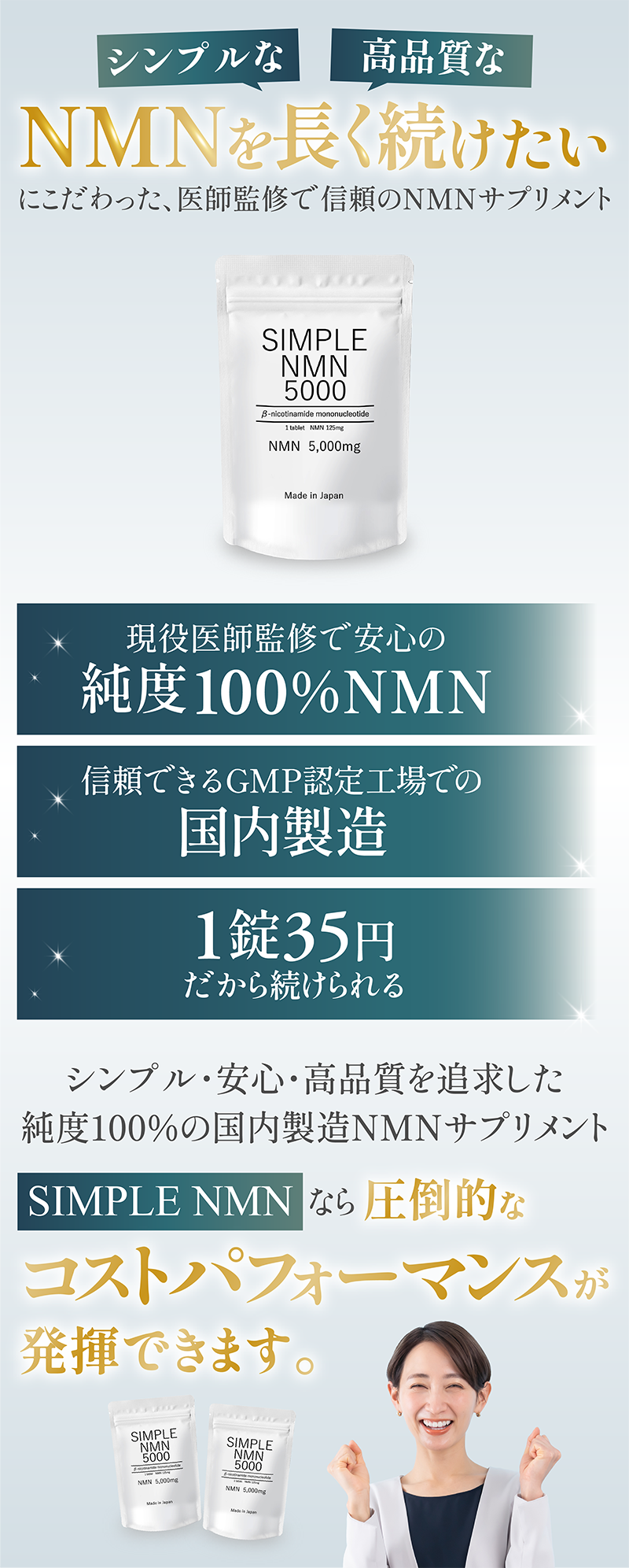 純度100%NMN、GMP認定工場での国内製造、1錠35円